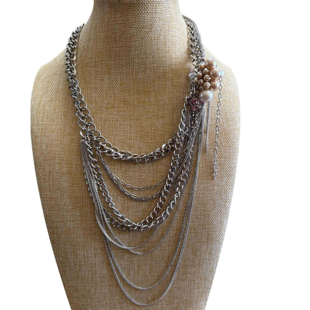 Loft Silver Tone Multi Strand Layered Chain Necklace Pearl Pink Crystal Boho